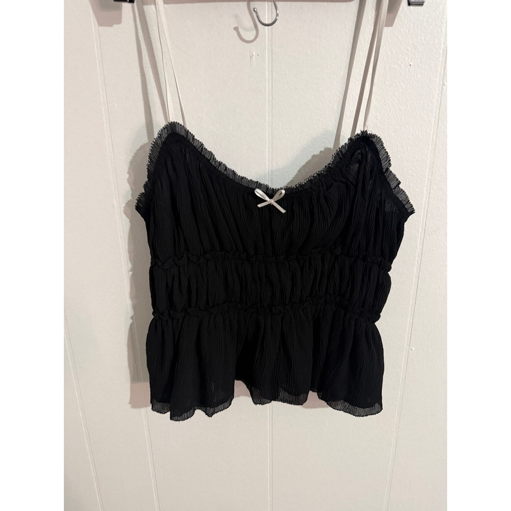 NWT Zara‎ Pleated Smocked Camisole Women L Black Bow Peplum Tank Top Festival - Picture 4 of 8